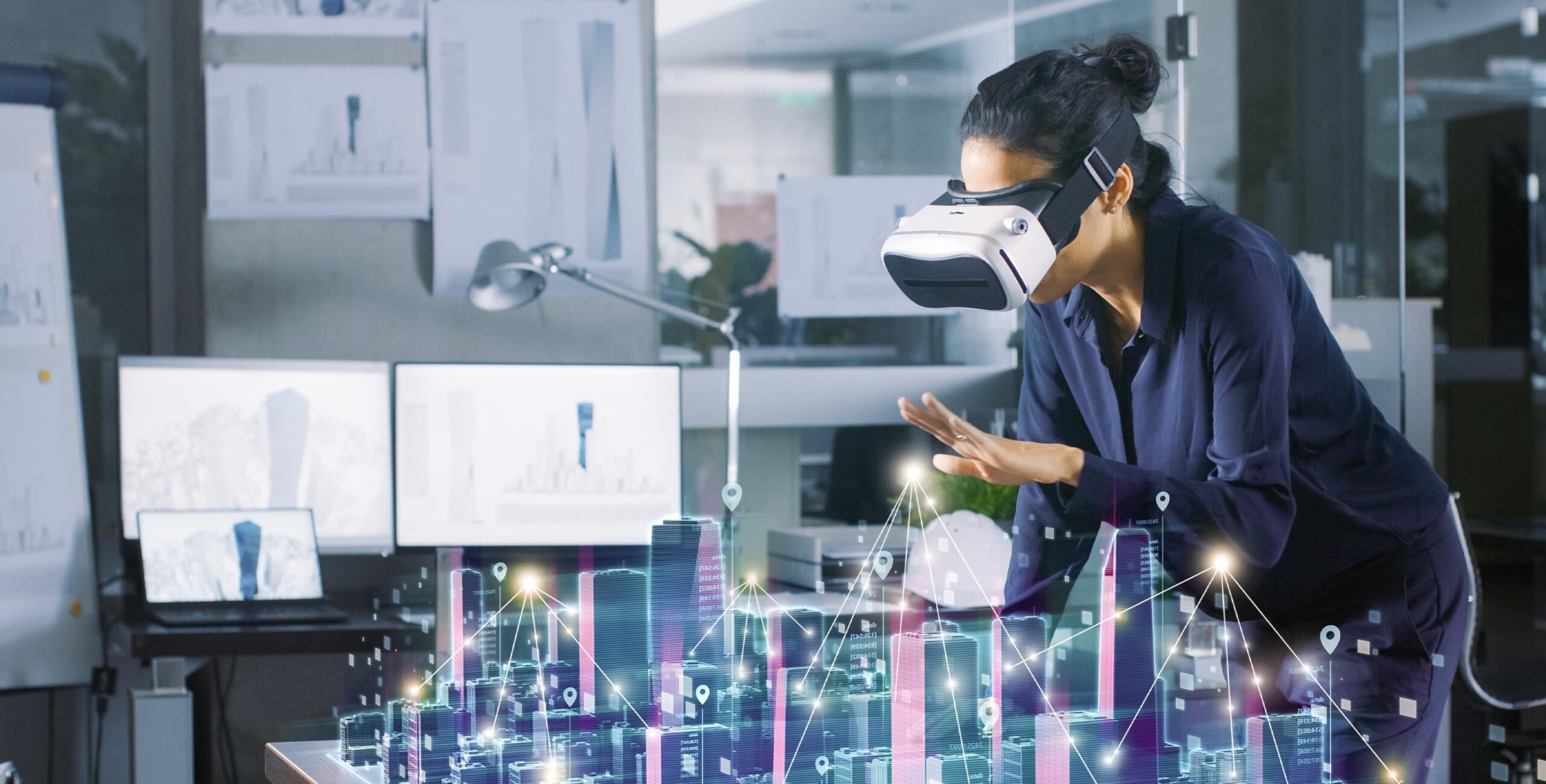 woman using VR headset to see virtual city