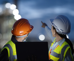 two construction workers pointing to something behind them