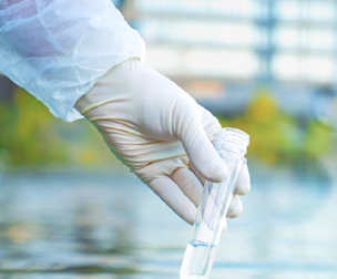 gloved hand holding a testing tube with liquid