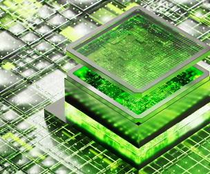 Futuristic green microchip with a glowing digital circuit.