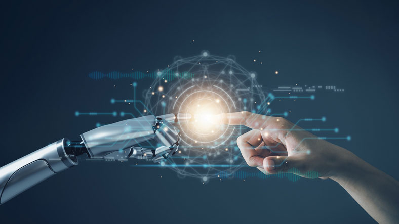 human hand and robot hand touching with light at the intersection