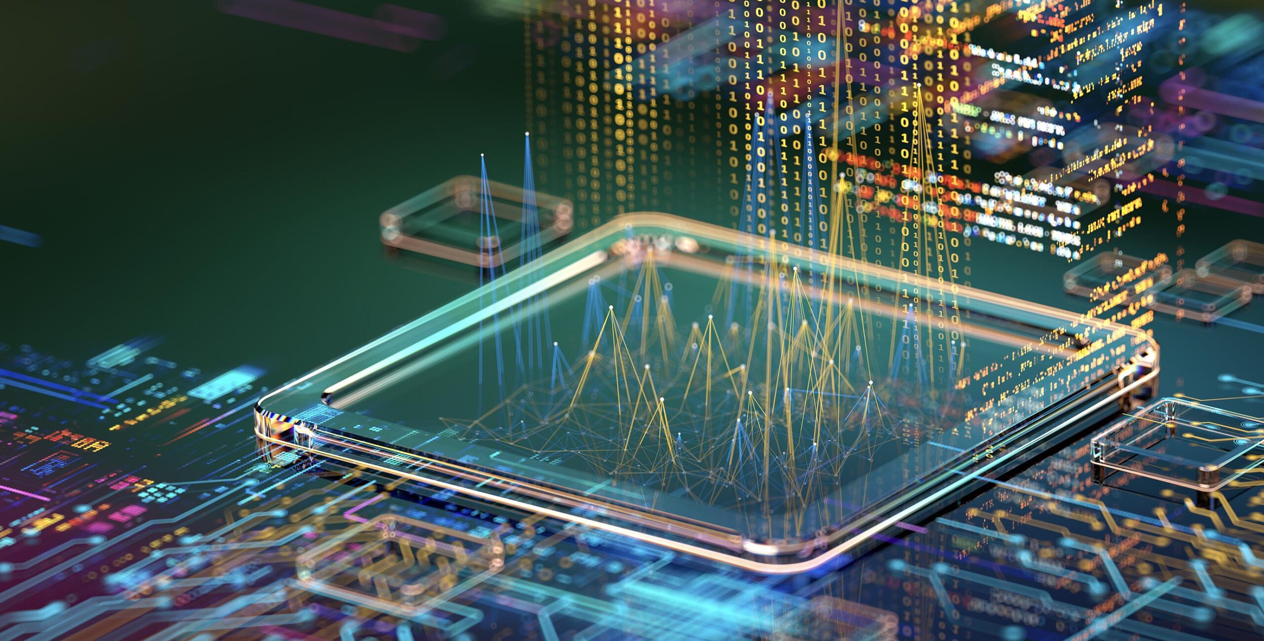abstract illustration of a computer board with a glass chip in the center, 3D lines and code flow upward like they are popping off the glass chip