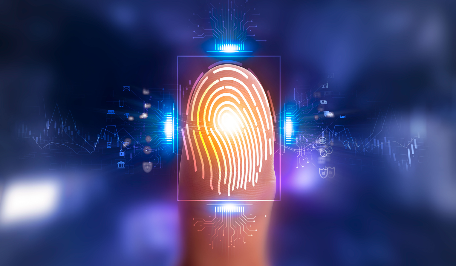 finger touching a biometric print scanner