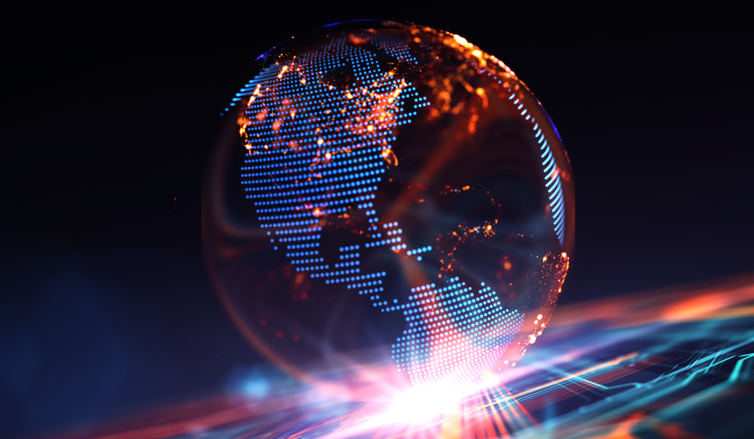 a glassy globe with focus on North America in light pattern hovers over a technology themed base