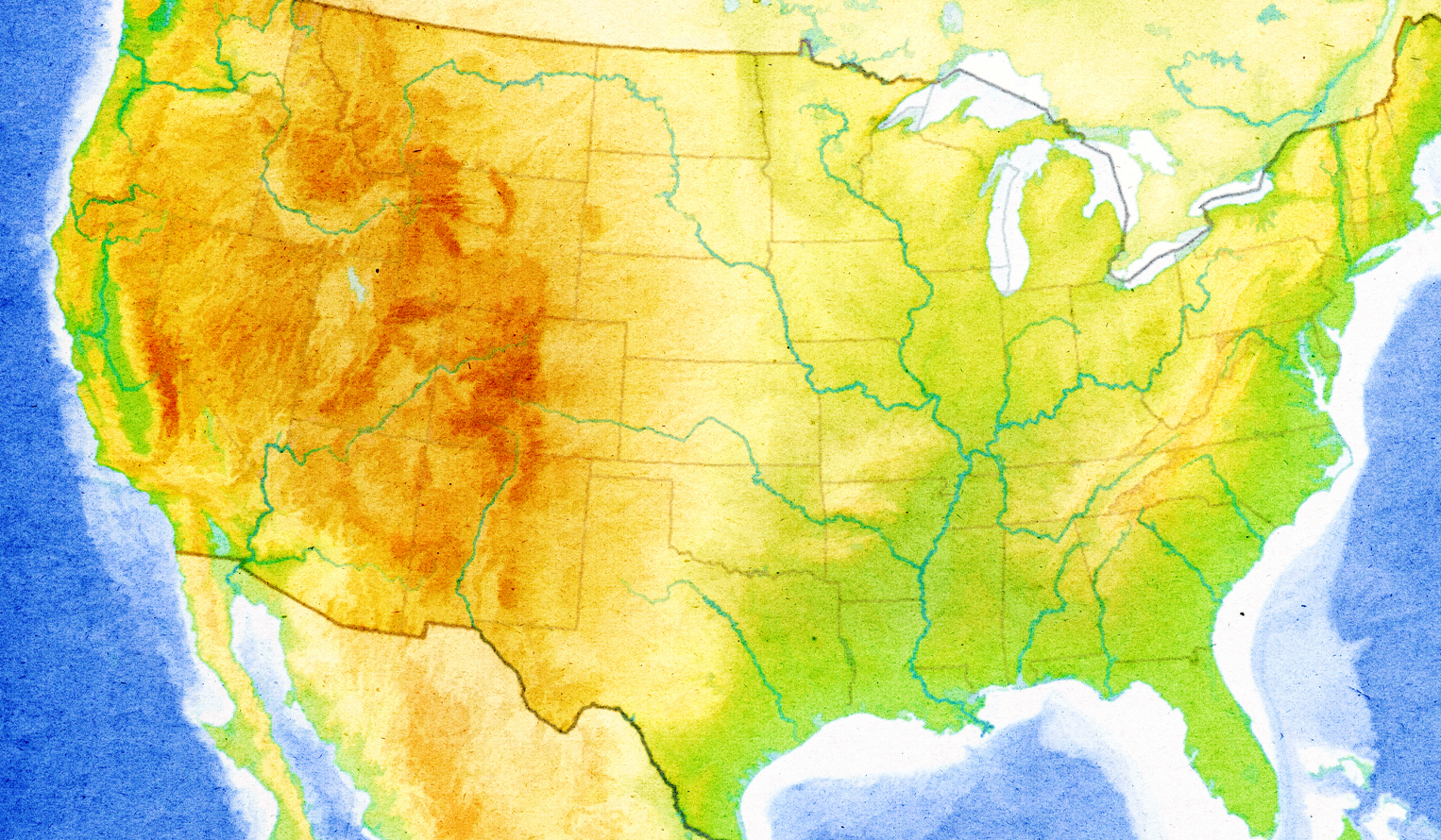 USA Map with colored regions and terrain