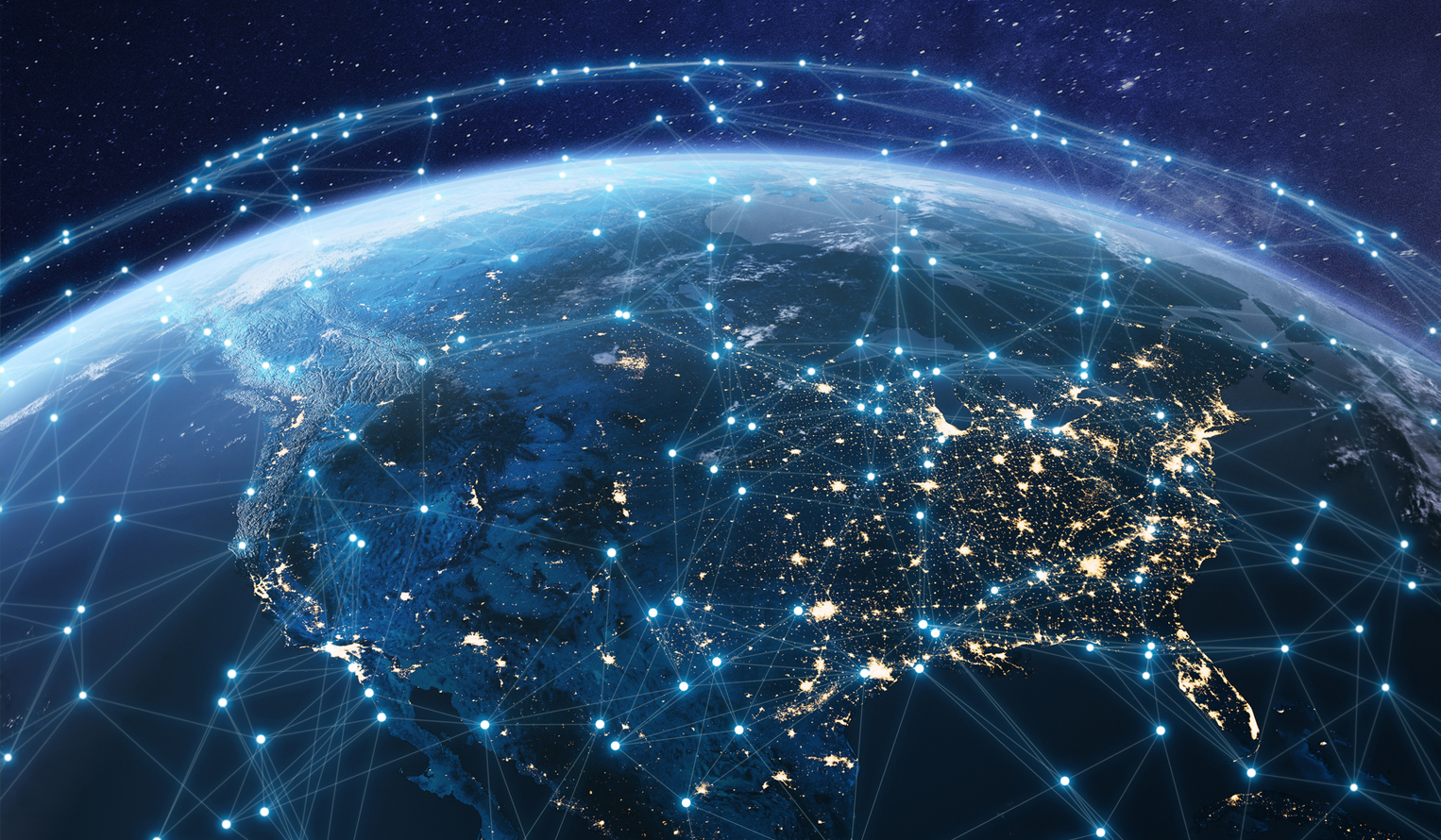 image of earth from lower atmosphere of space, points of data and aviation and aeronautic pathways cross the sky over North America.