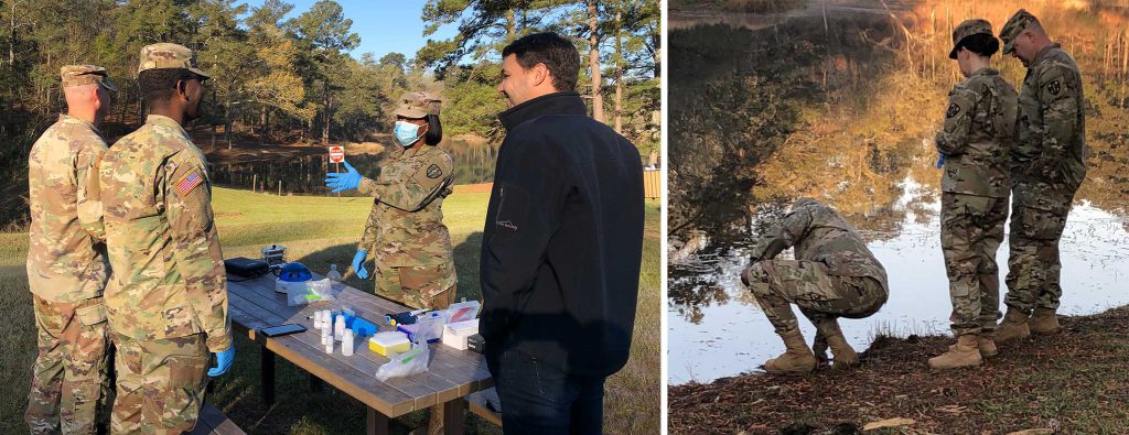 Left: Army personnel around a table outside watching a demo of portable sequencing equipment. Right: three Amry soldiers by a lake, one is taking a sample of water.