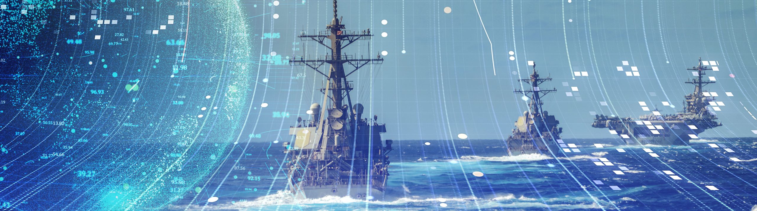 Navy strike force on the ocean, image is overlaid with abstract representation of a globe and data connection lines in hues of aqua and white