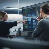 A woman points at a screen showing data for explainable AI research as her male colleague observes.