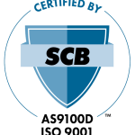 AS9100D ISO 9001 certification mark, certified by SCB