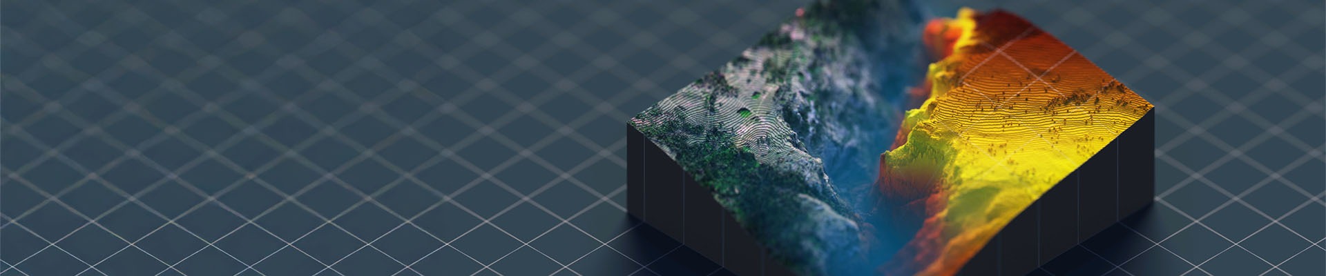 Abstract image showing a square section of ground showing layers of rock, dirt and sediment and a topical representation of ground, water and grassy areas. The rendered section sits on top of a dark black, blue and grey background with a graph paper line pattern.