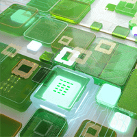 Abstract image of overlaid green and glass square tiles with elements of technology and environmental program.