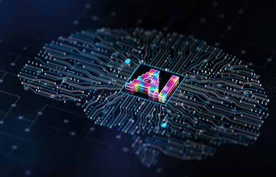 AI visualization with data streams in the shape of a human brain