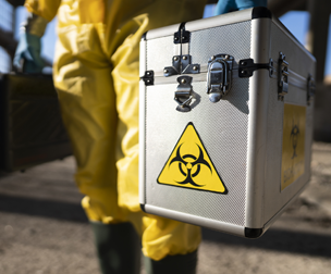 person in hazmat suit carrying hazardous materials