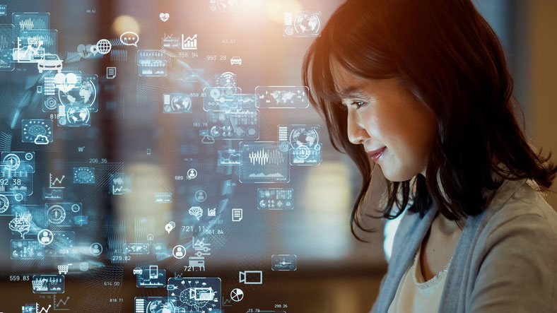 woman smiling with data visualizations overlaid