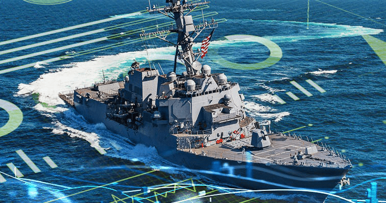 Ship in water surrounded by data representation