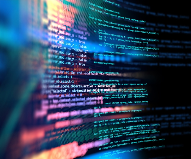 colorful algorithm code overlapping in layers on a curved screen