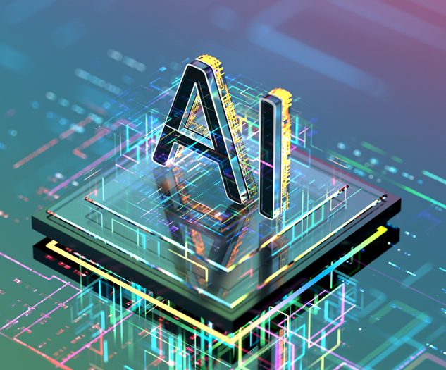 3D letters "AI" sit on a raised surface with data
