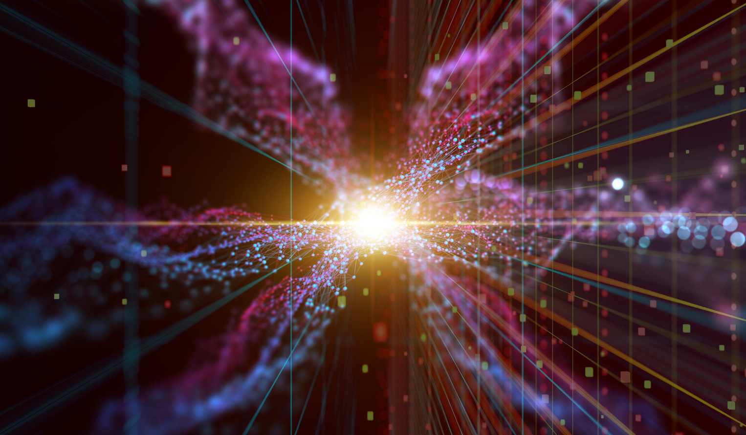 weaving lines of light and motion come to a single horizon point of innovation and technology