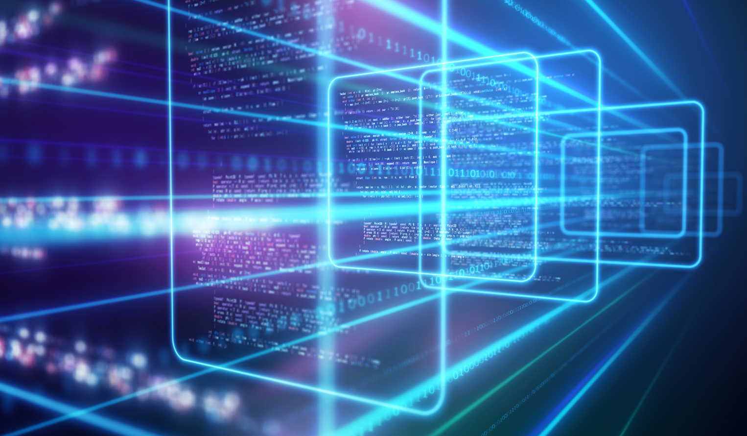 AI data screens flow through glowing digital boxes in a row