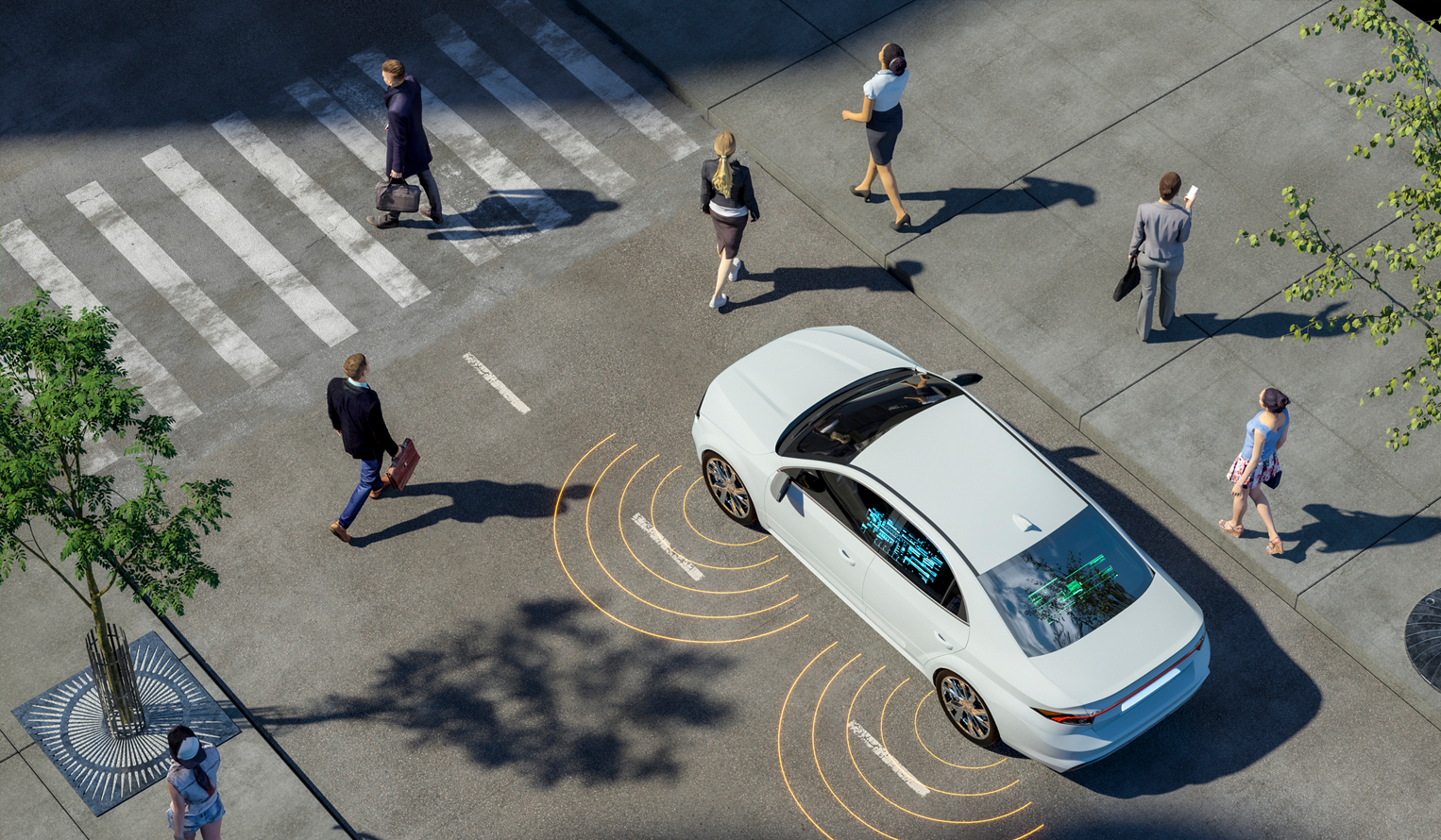 car with detection system drives near a cross walk with pedestrians