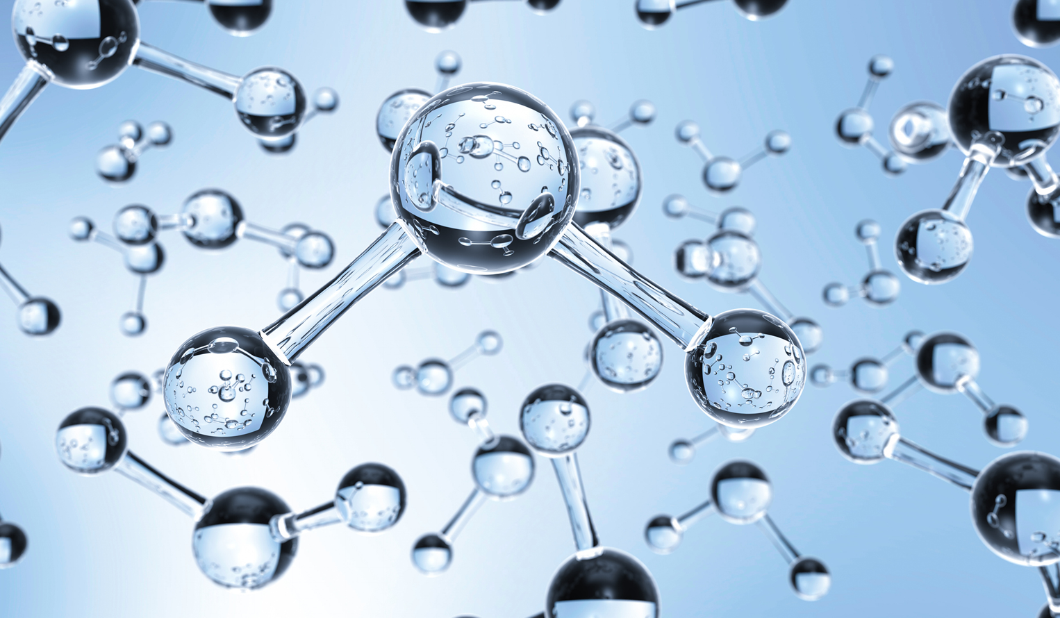 clear glass-like water molecules floating on a light blue background