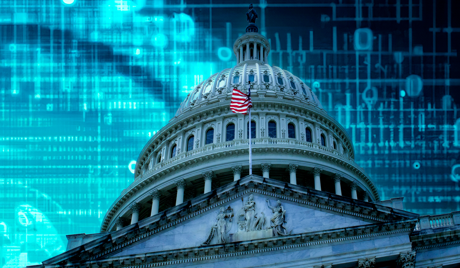 Dome of the US Capital building with flag flying, digitally rendered data in the sky