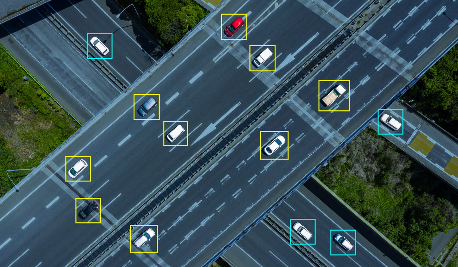 aerial view of road with cars driving, AI imagery has boxes tracking movements and data