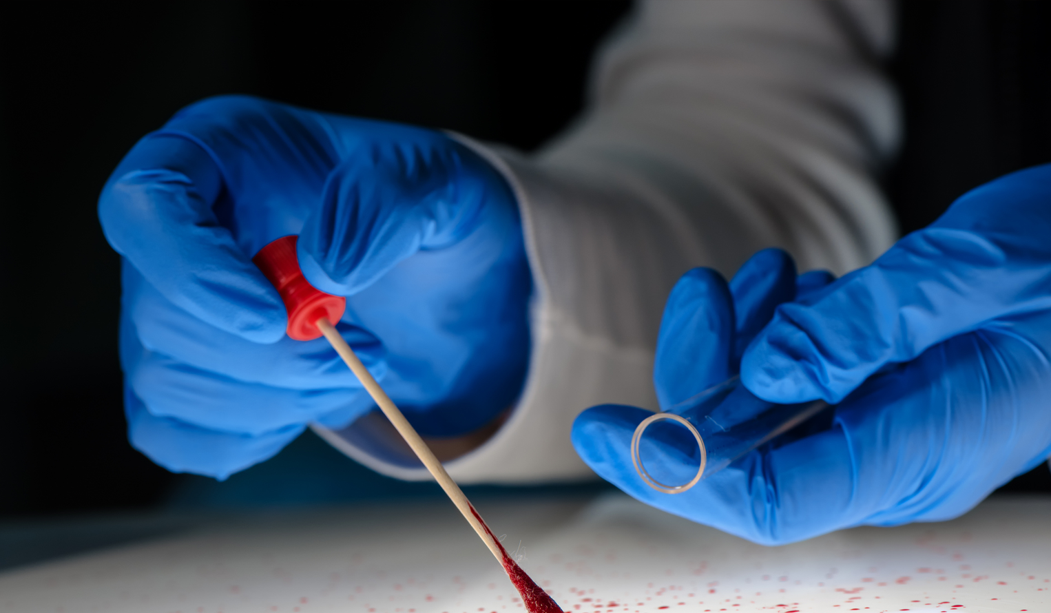 hands wearing blue gloves and sampling a blood splatter
