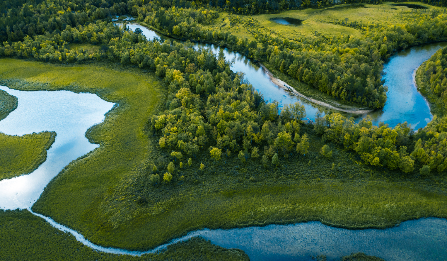 aerial view of ground showing green grass, tress and river water and pond landscape