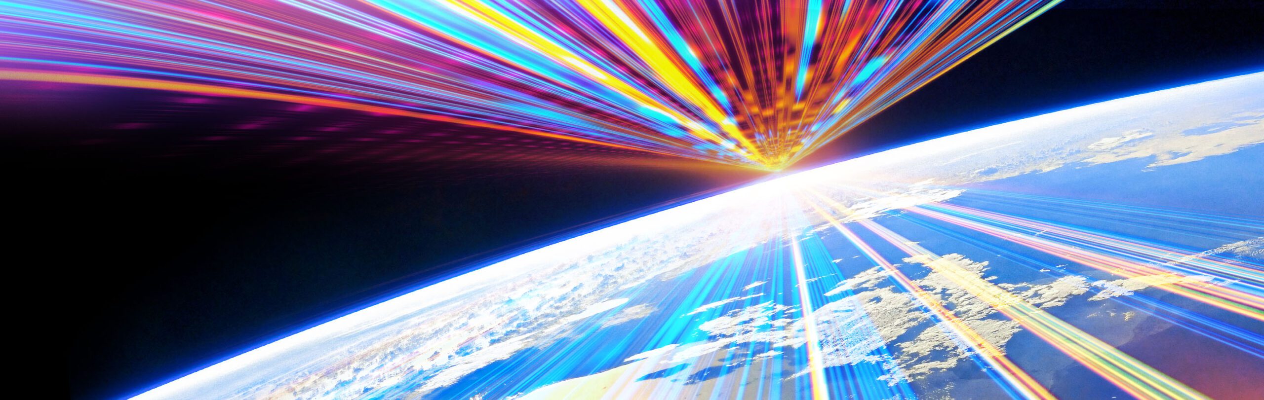 rainbow colored lines of light and motion move toward a focal point that sits on the horizon of the earth viewed from space