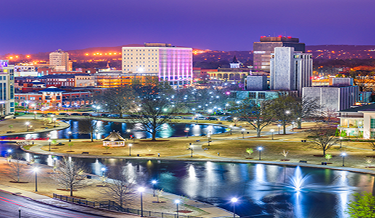 View of downtown Huntsville, Alabama at dusk