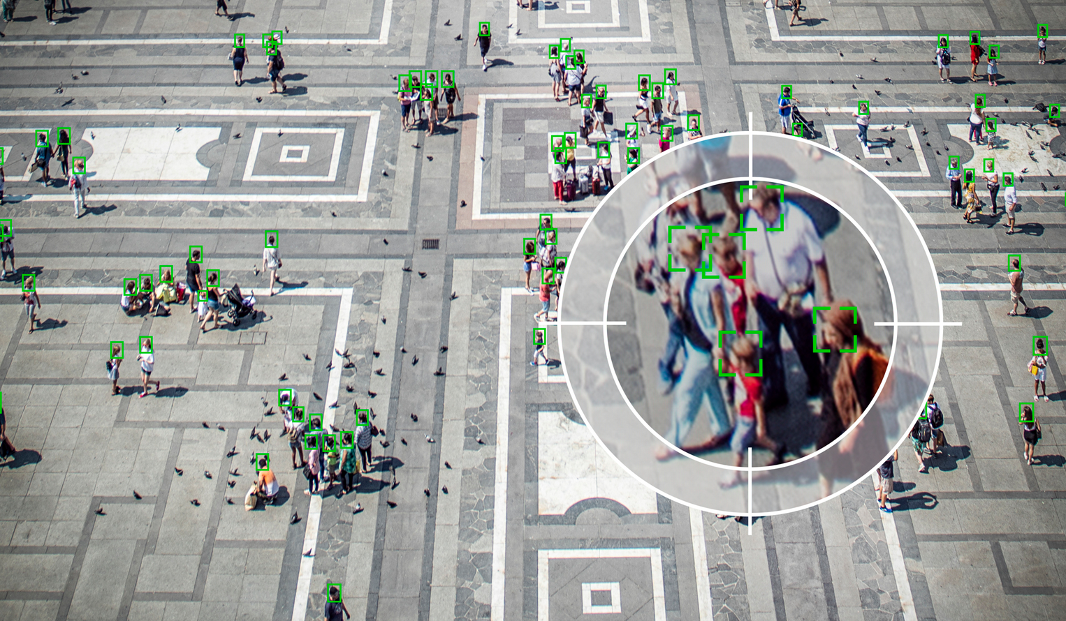 image of a plaza with people taken from an unmanned aerial vehicle, enhanced for recognition