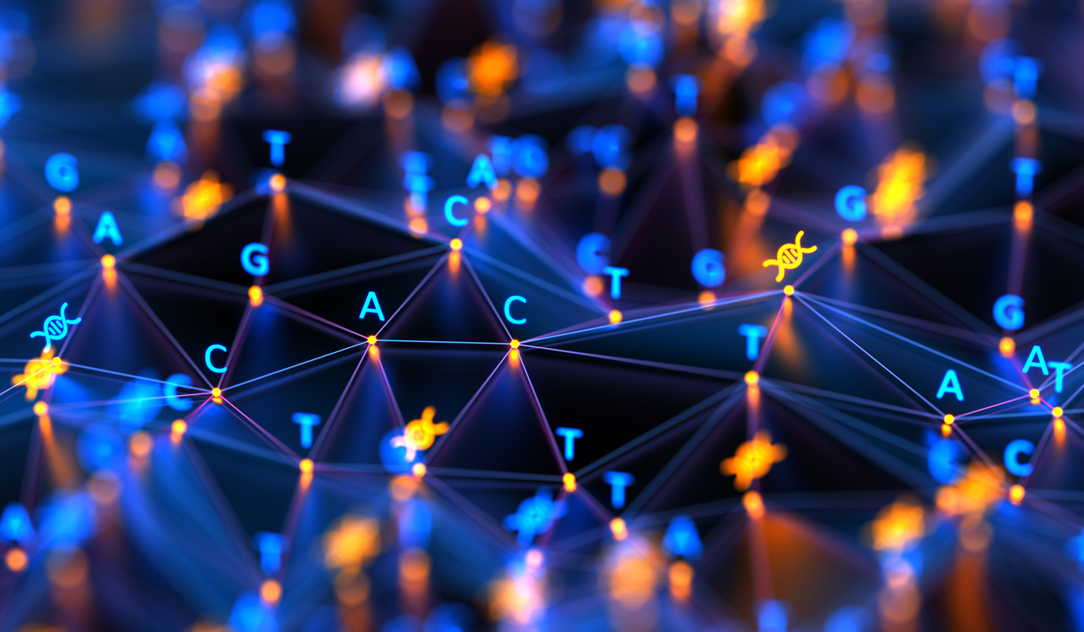 DNA data represented by C, G, A, T in base pairs being highlighted by connected lines with smal DNA helix icons