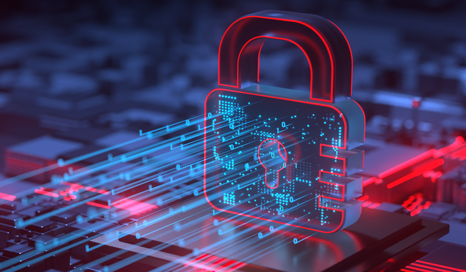 a lock icon sits on a computer system blocking a data stream