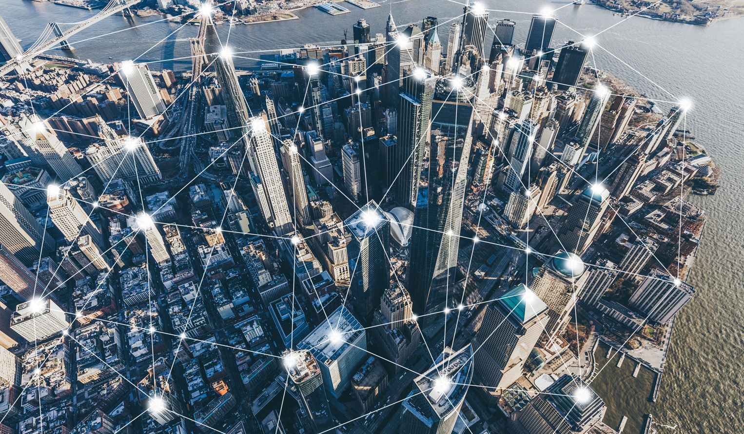 view of NYC with connected data graphics, city network