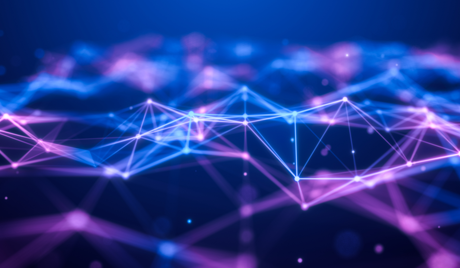 abstract representation of connected data, dots and lines in a net-like pattern with bright light accents