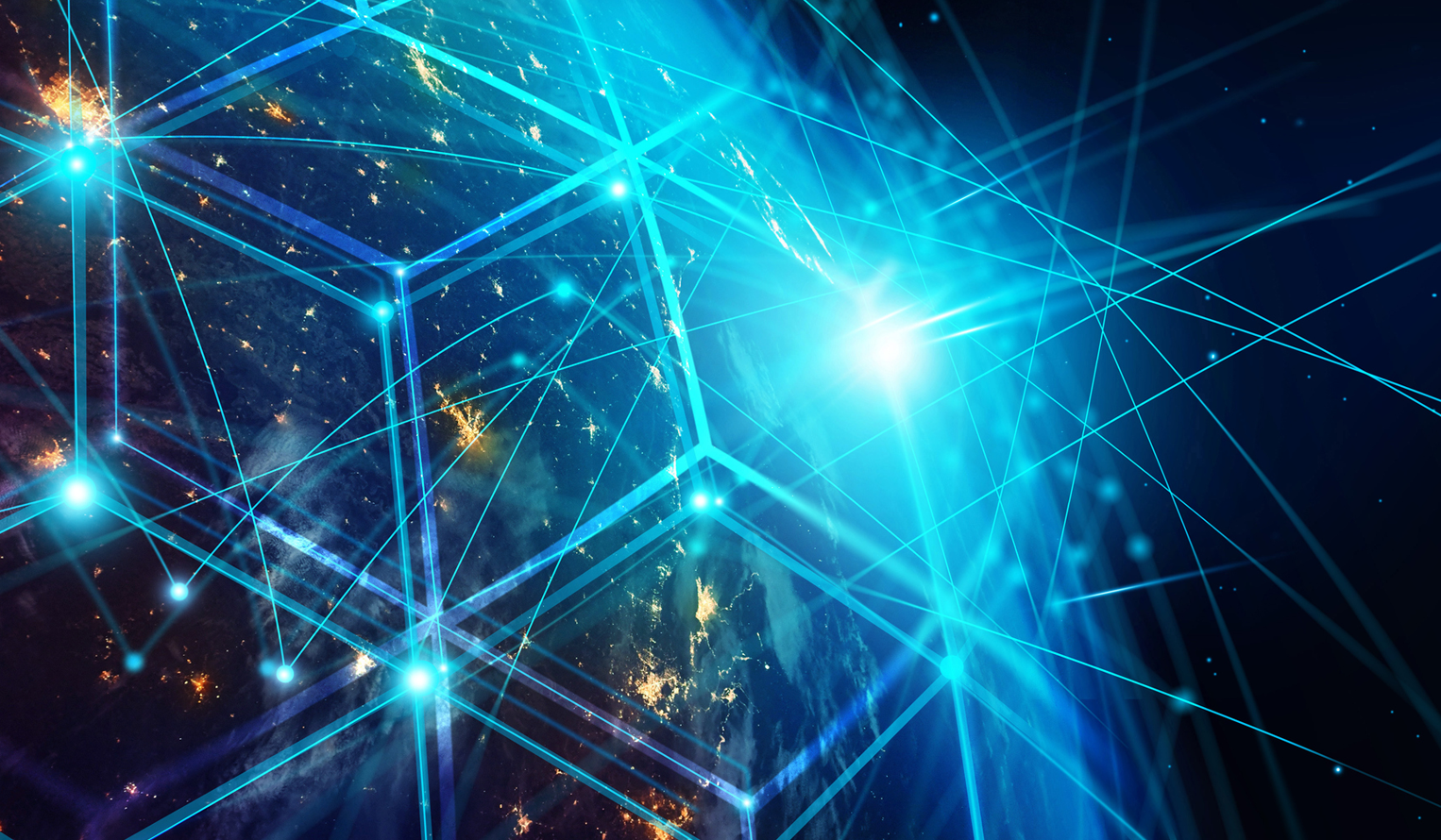 crossing lines of light and data surround a globe of information like a shield network