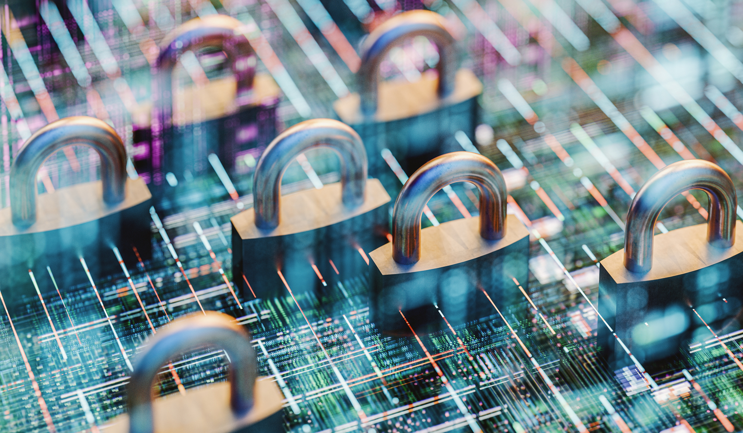 several padlocks sitting on a computer network panel