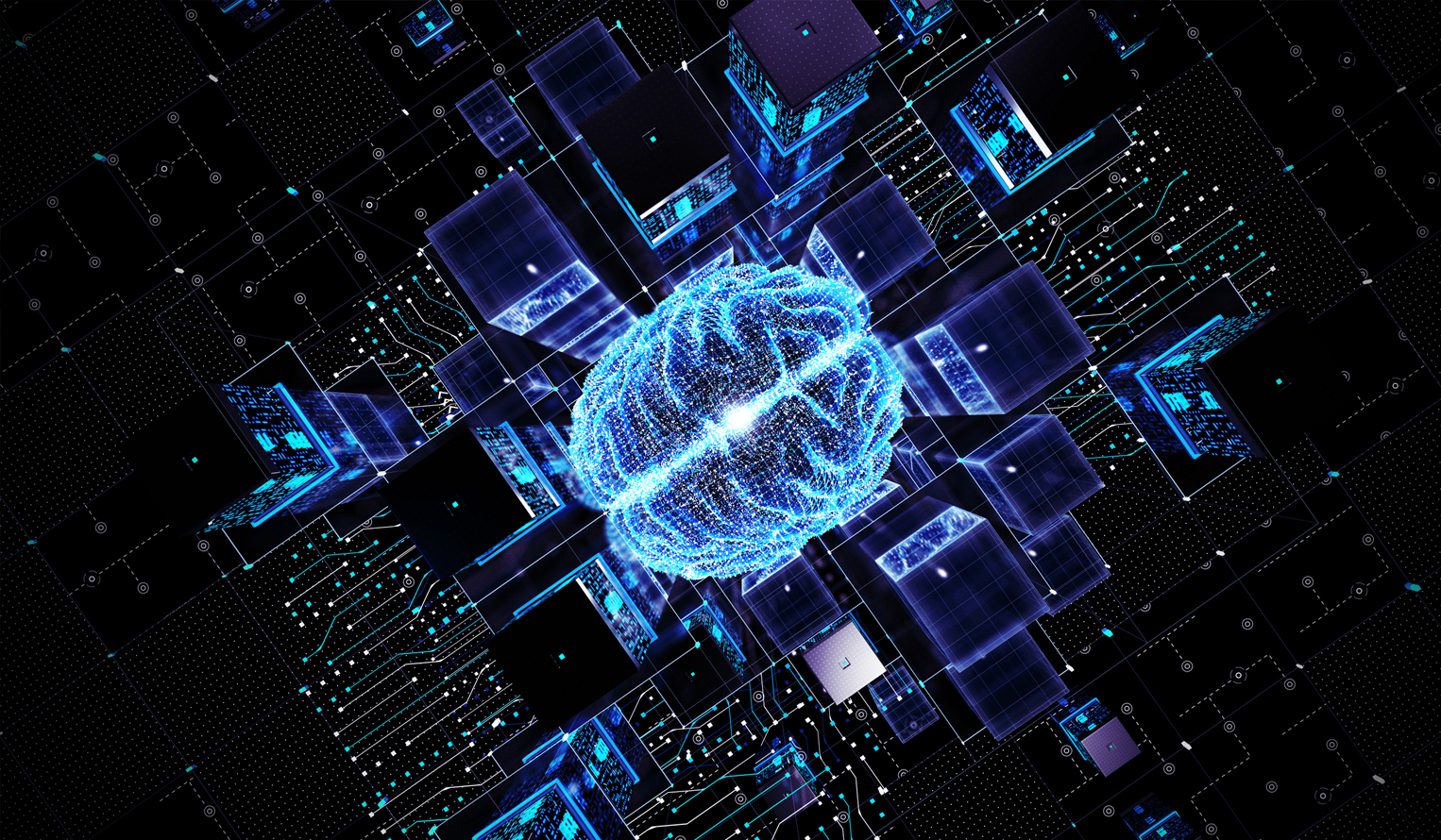 a digital brain sits inside a computer environment