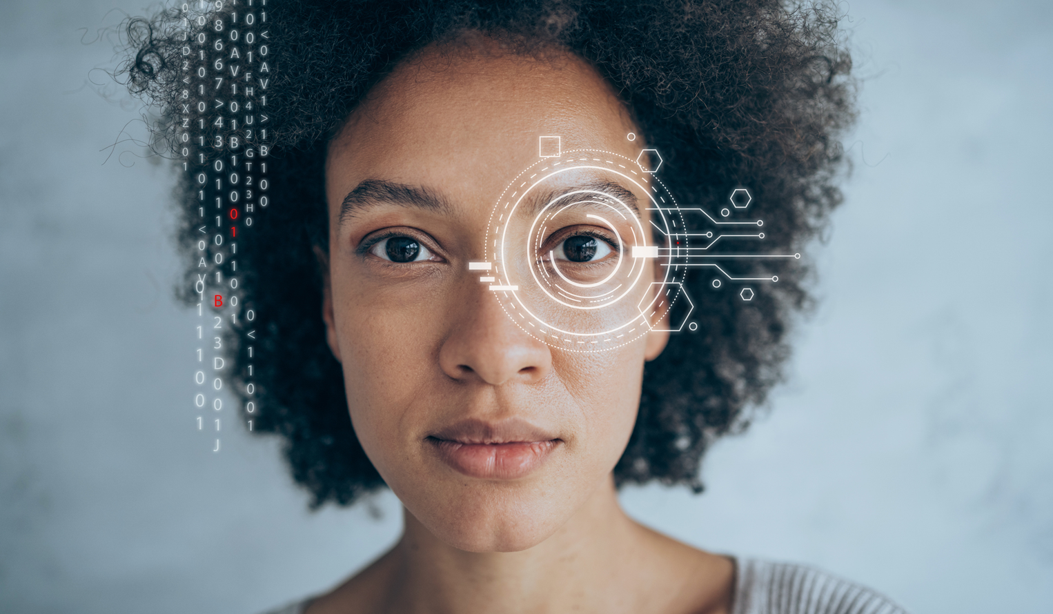 face of a woman with area of iris recognition showing over her eye