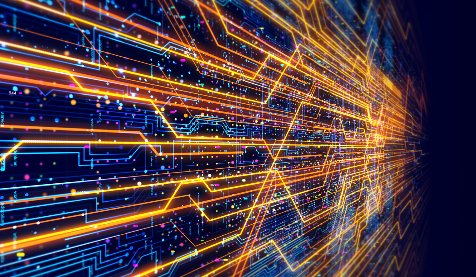 a wall of digital lines and moving info on layers extends into the distance