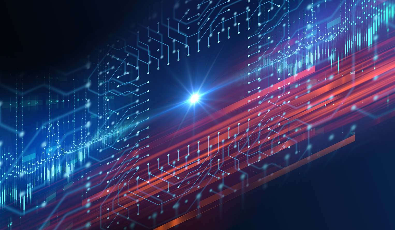 digital rendering of systems and data coming to one point in the center