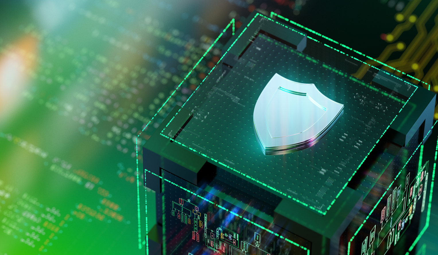 abstract cube with computer network and sheild