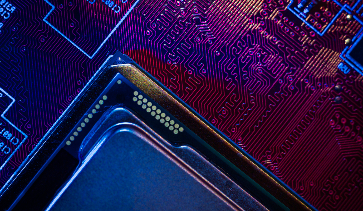 Close up view of processor, memory chip in a computer.