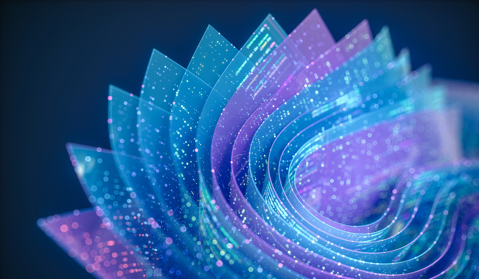 Layered transparent sheets curl into a spiral, filled with data particles and glowing lines of code. Embedded code patterns and glowing particles suggest a visual metaphor for agentic AI systems and evolving machine autonomy.