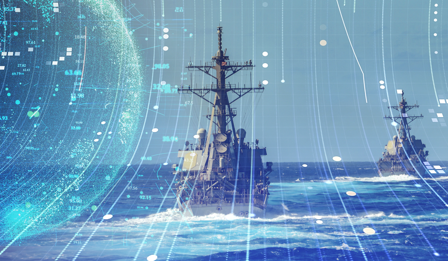 Globe with data flowing to and from sources over a backdrop of two Navy ships on the open ocean
