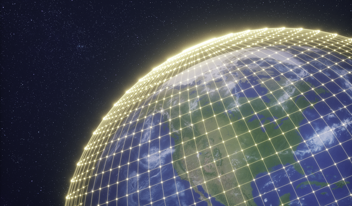 Image of earth from space with a net-like shield over the atmosphere.