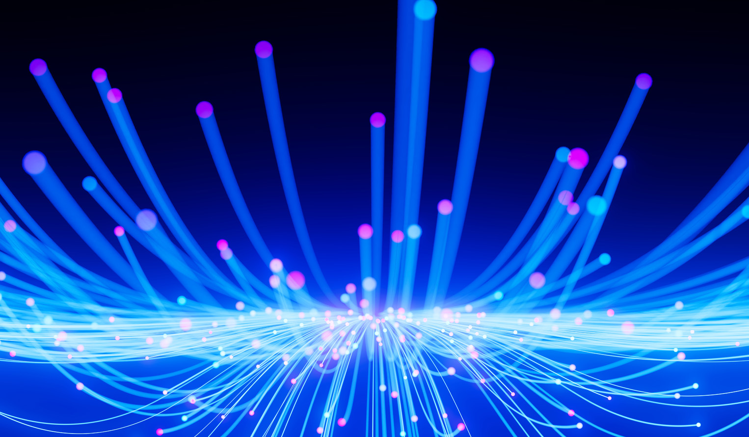 glowing strings of light flow towards the viewer from a blue horizon