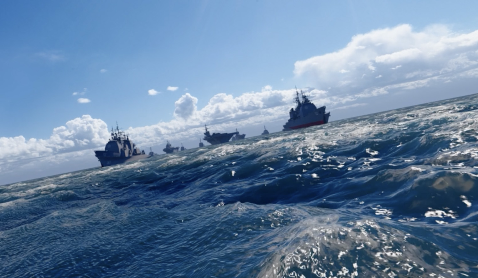 Fleet of US Navy ships on the open ocean
